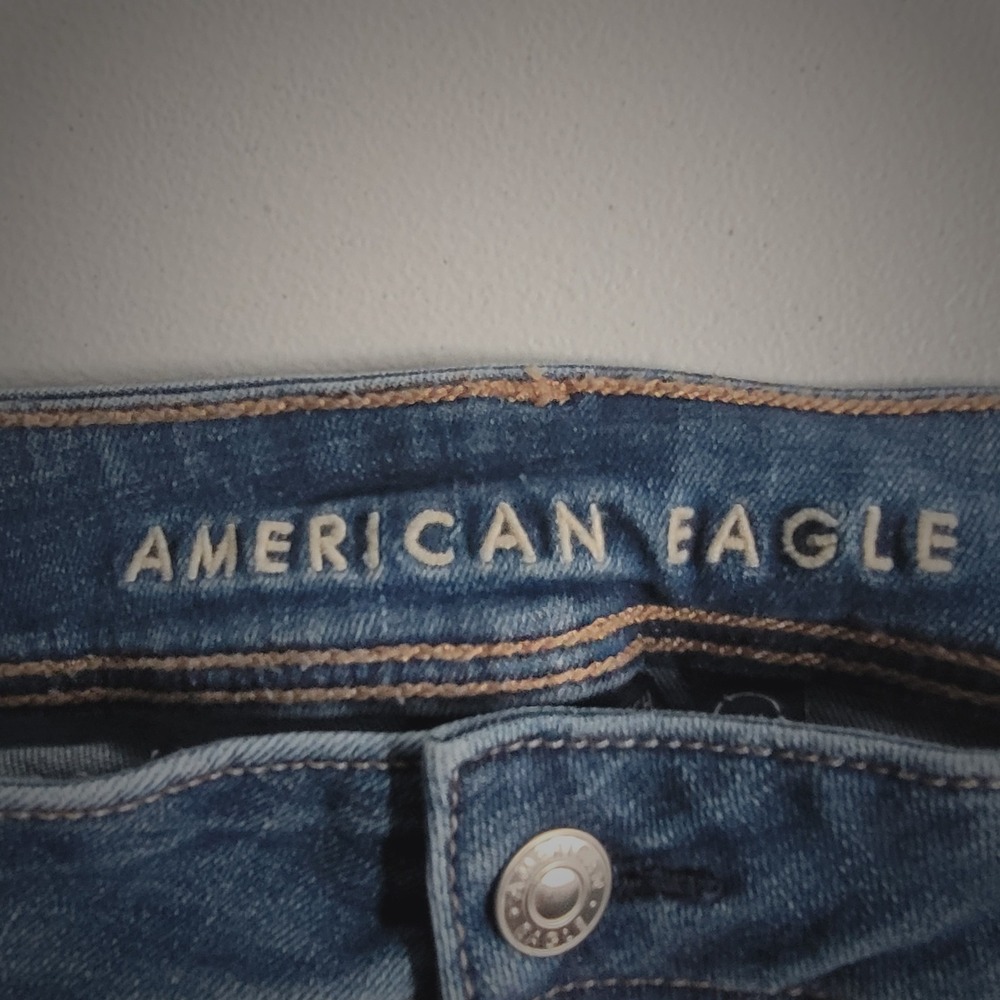 American Eagle Kick Boot Jeans Size 12 Short Blue Dark Wash Distressed Stretch - Picture 6 of 9